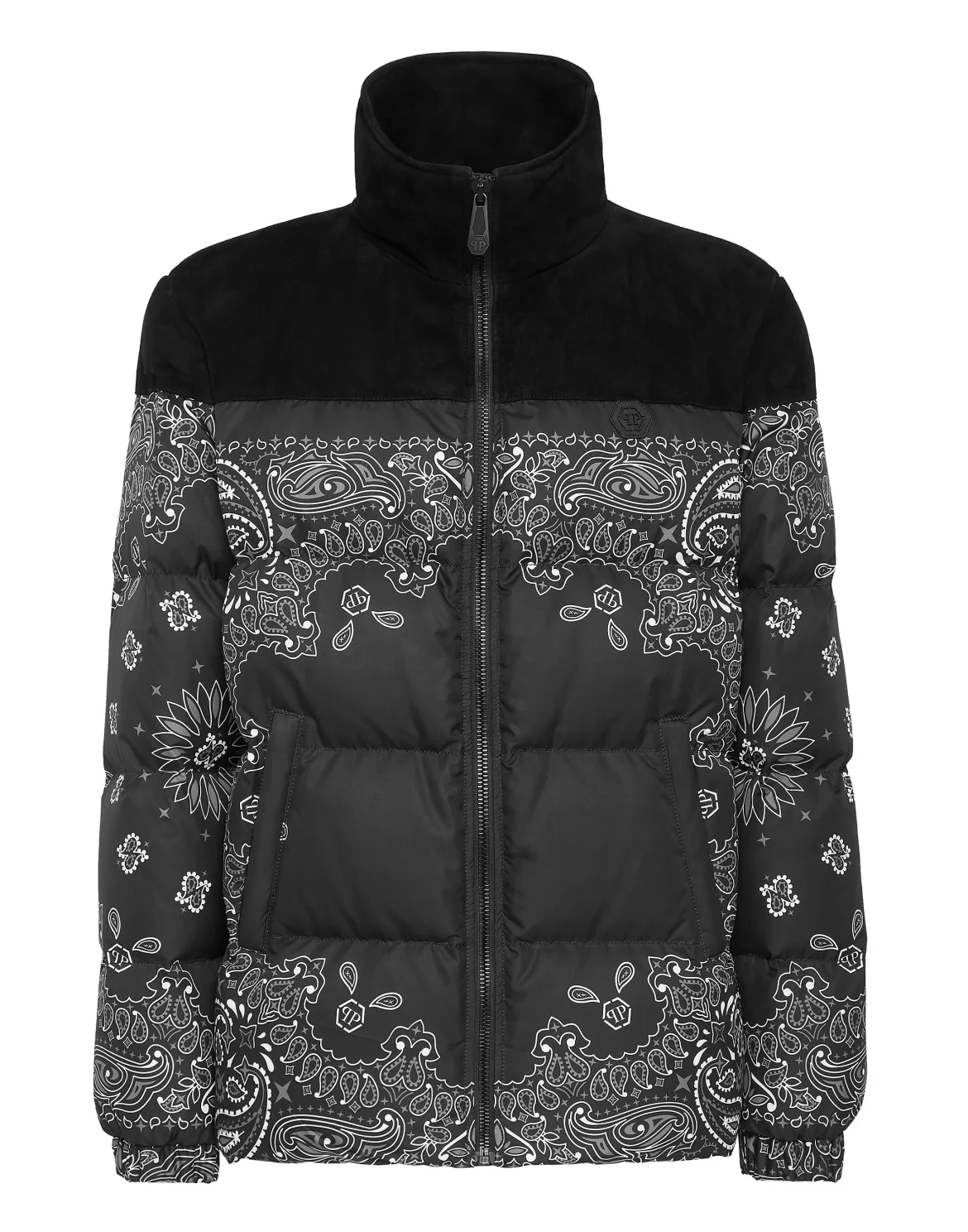 Nylon and Suede Down Jacket Paisley Bandana, цвет: Черный