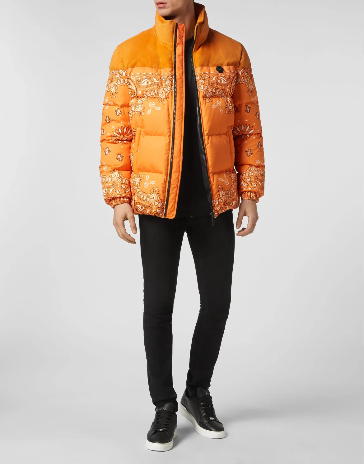 Nylon and Suede Down Jacket Paisley Bandana, цвет: Оранжевый