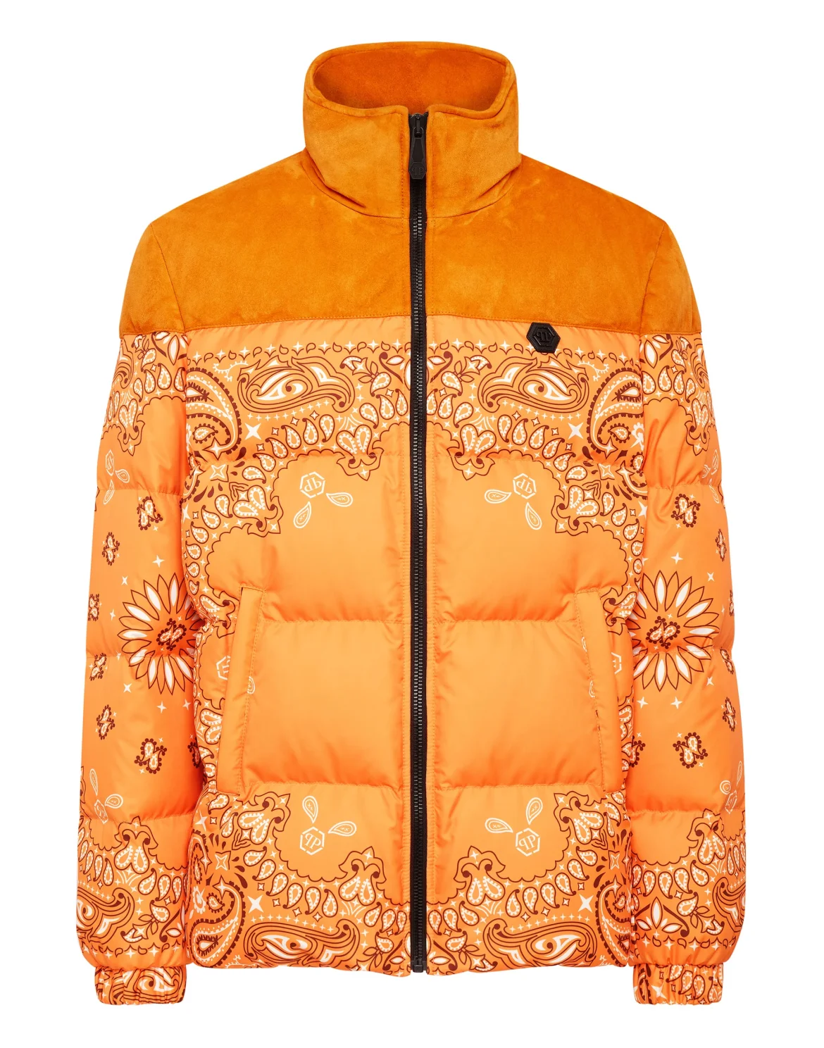Nylon and Suede Down Jacket Paisley Bandana, цвет: Оранжевый