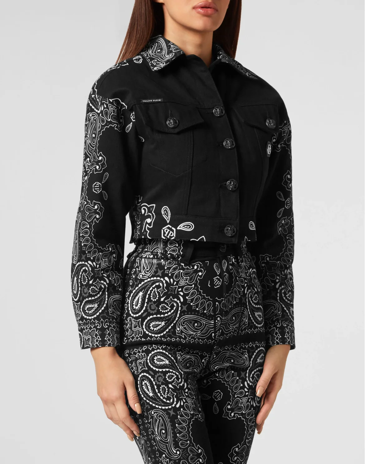 Denim Cropped Jacket Paisley Bandana, цвет: Черный