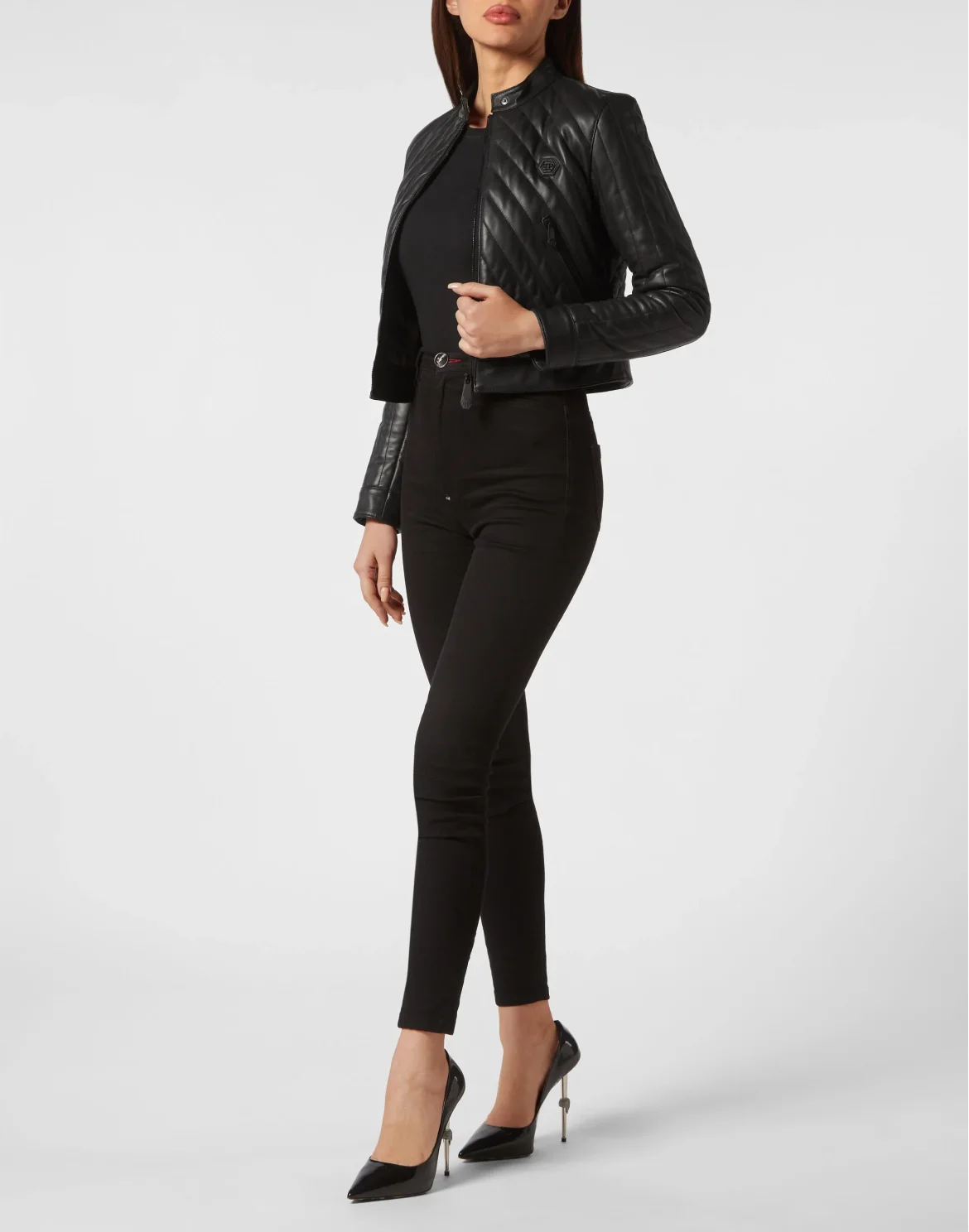 Cropped Padded Matellasse’ Leather Biker Jacket, цвет: Черный