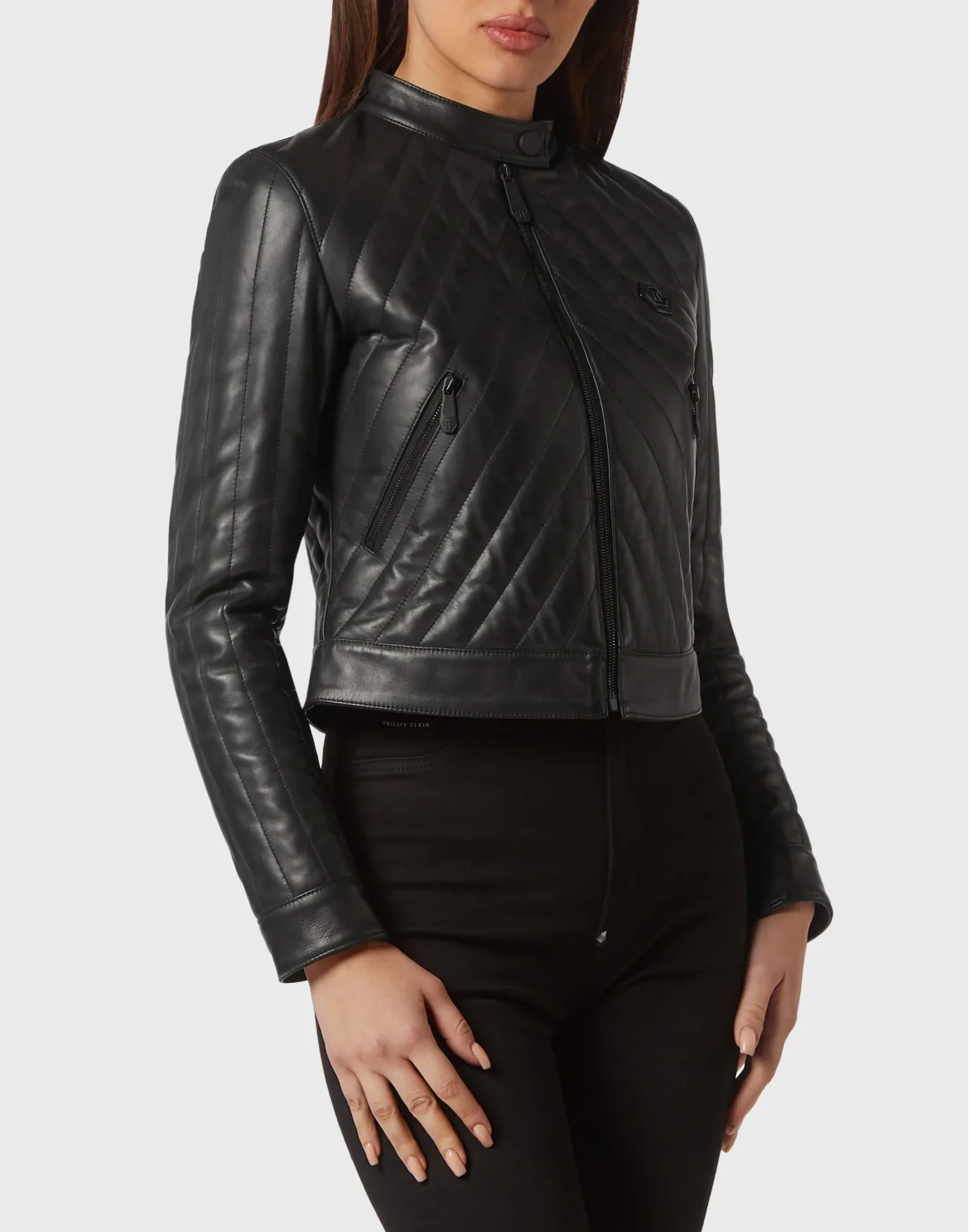Cropped Padded Matellasse’ Leather Biker Jacket, цвет: Черный