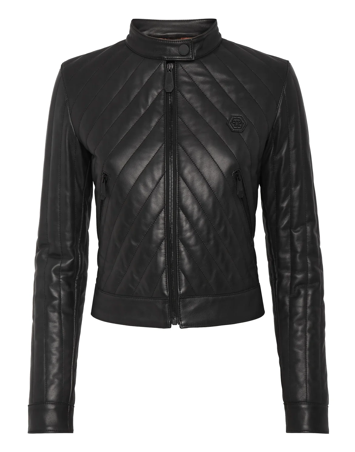 Cropped Padded Matellasse’ Leather Biker Jacket, цвет: Черный
