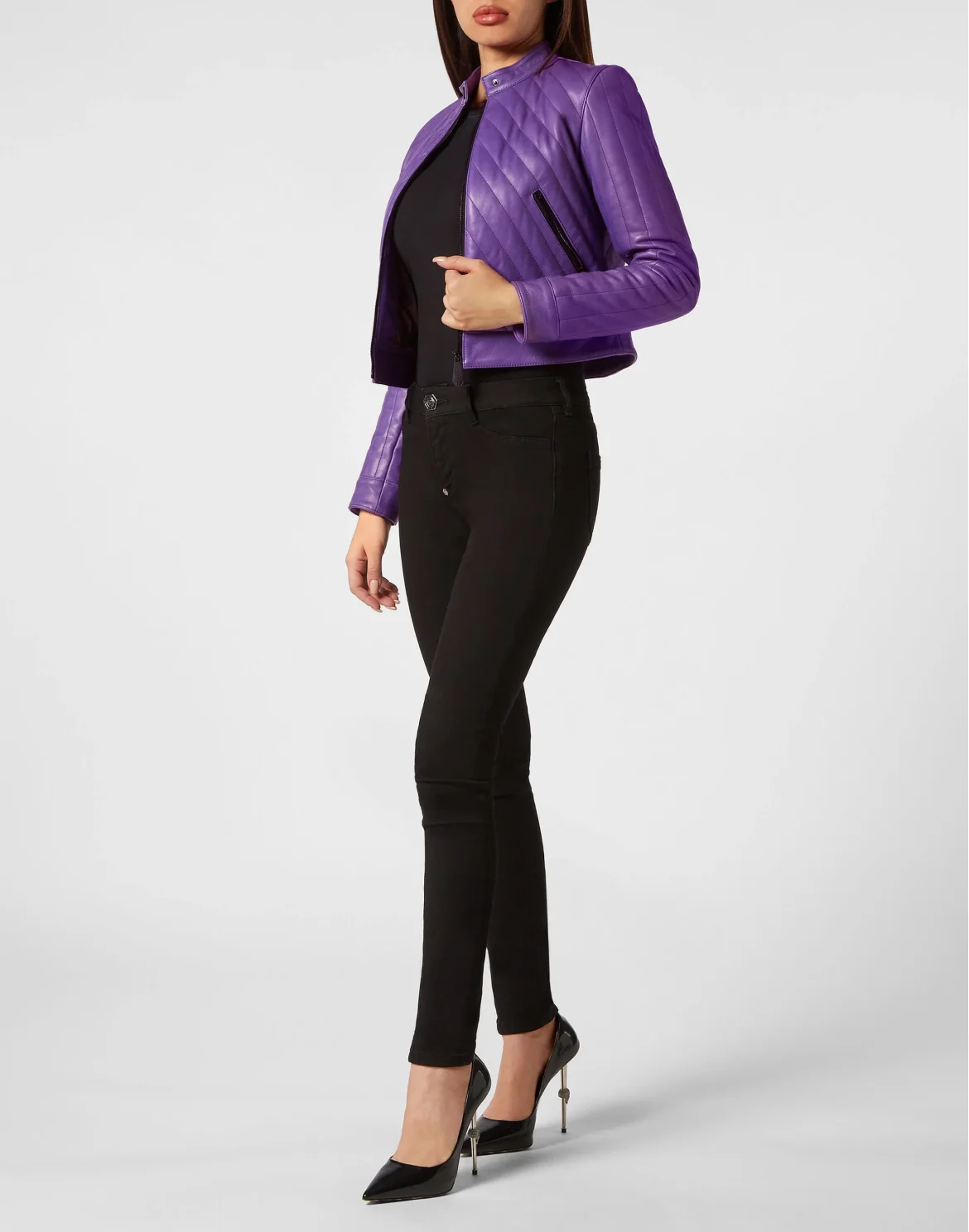 Cropped Padded Matellasse’ Leather Biker Jacket, цвет: Фиолетовый