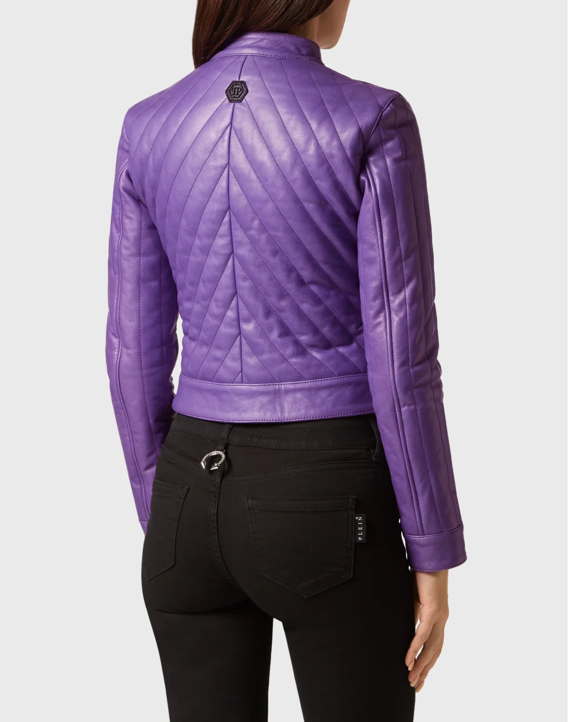 Cropped Padded Matellasse’ Leather Biker Jacket, цвет: Фиолетовый