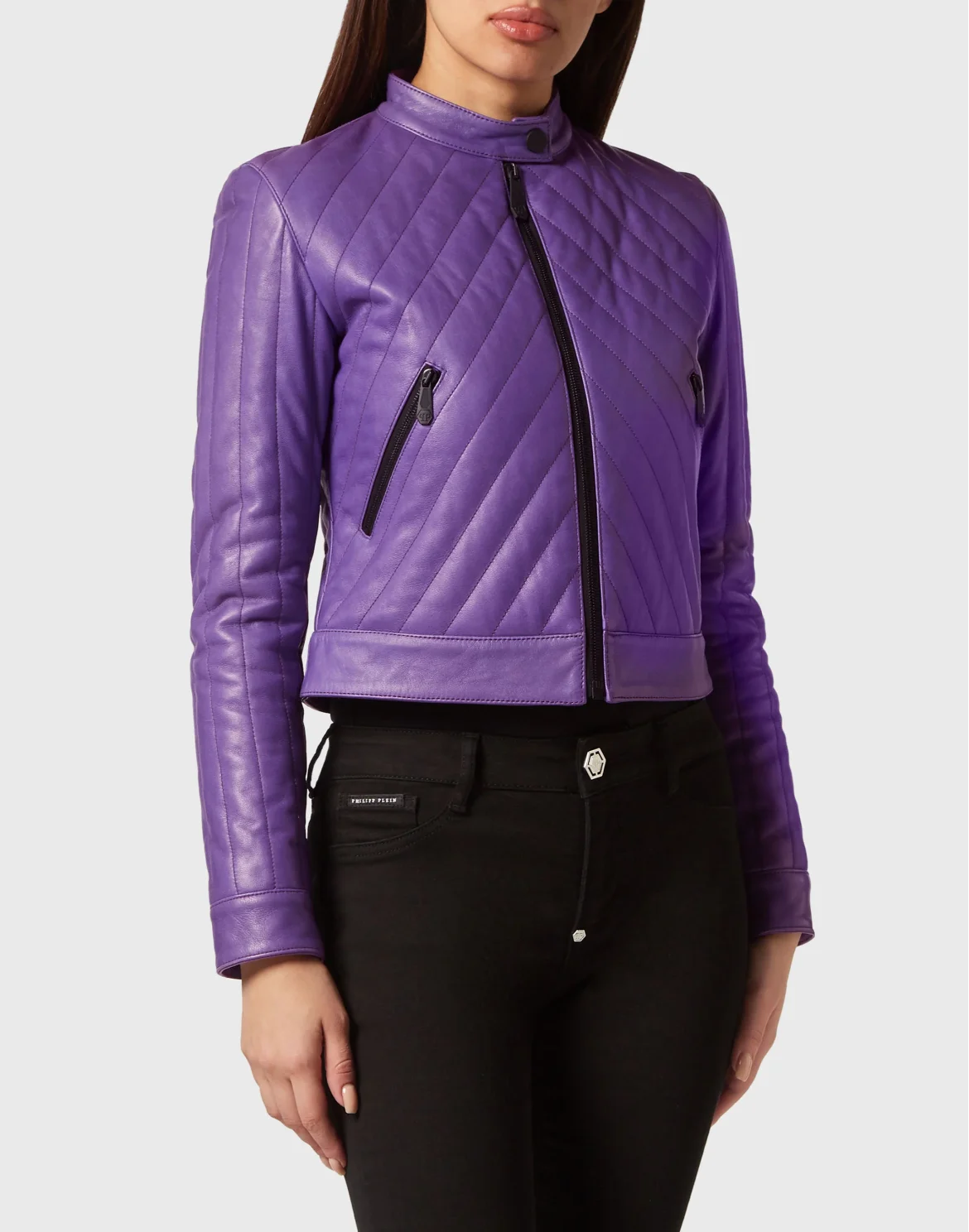 Cropped Padded Matellasse’ Leather Biker Jacket, цвет: Фиолетовый