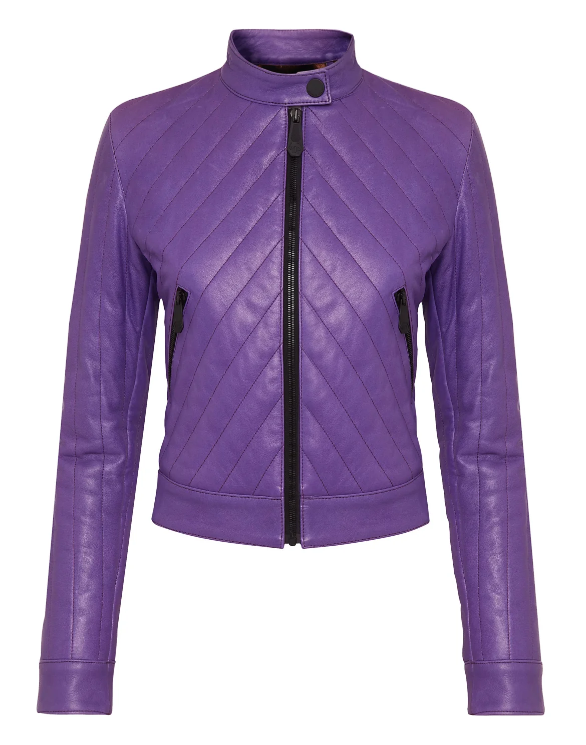 Cropped Padded Matellasse’ Leather Biker Jacket, цвет: Фиолетовый