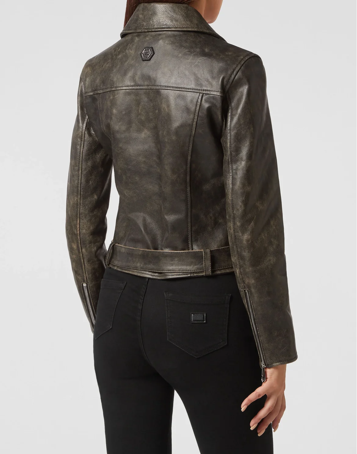 Shoulder Padded Leather Biker Jacket, цвет: Черный