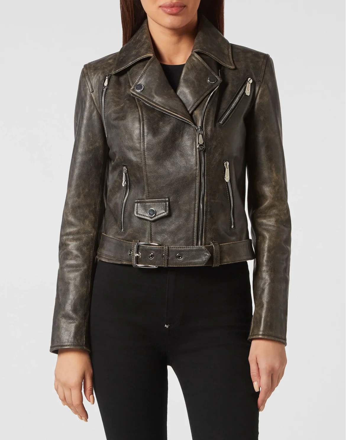 Shoulder Padded Leather Biker Jacket, цвет: Черный