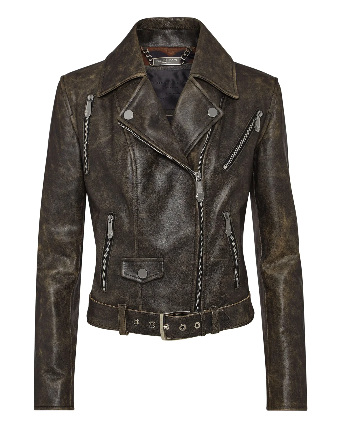 Shoulder Padded Leather Biker Jacket, цвет: Черный