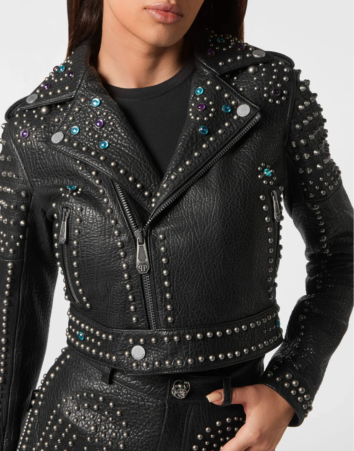 Vintage Leather Cropped Biker Jacket Studs, цвет: Черный