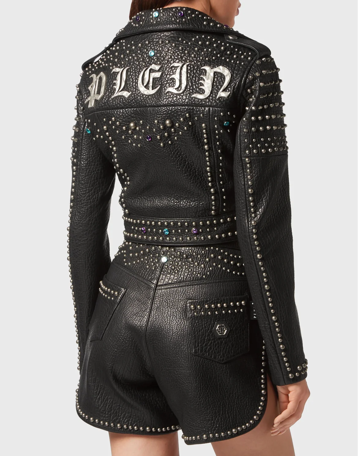 Vintage Leather Cropped Biker Jacket Studs, цвет: Черный