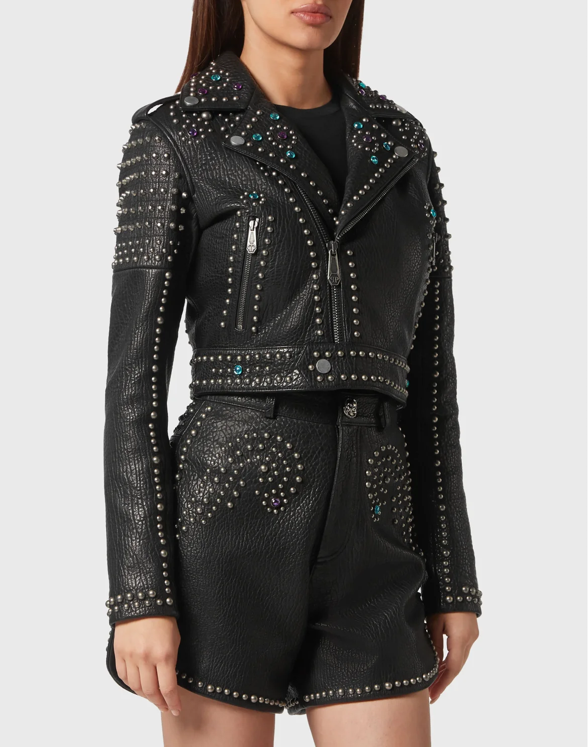 Vintage Leather Cropped Biker Jacket Studs, цвет: Черный