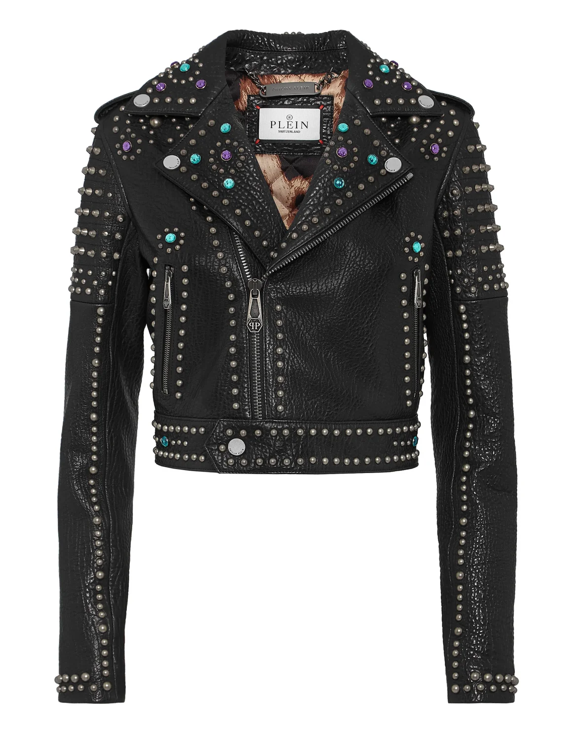Vintage Leather Cropped Biker Jacket Studs, цвет: Черный