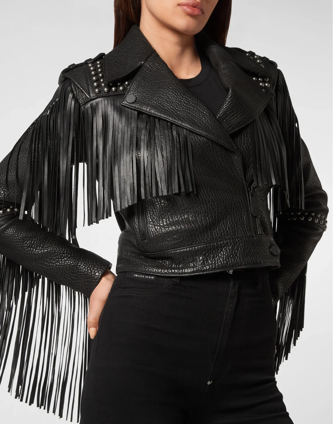 Leather Cropped Jacket Fringe, цвет: Черный