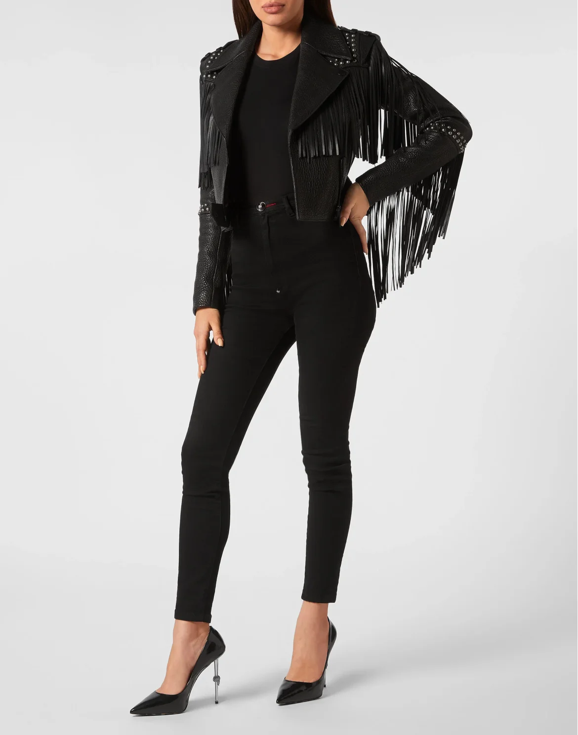Leather Cropped Jacket Fringe, цвет: Черный