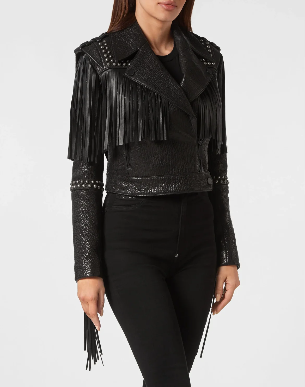 Leather Cropped Jacket Fringe, цвет: Черный