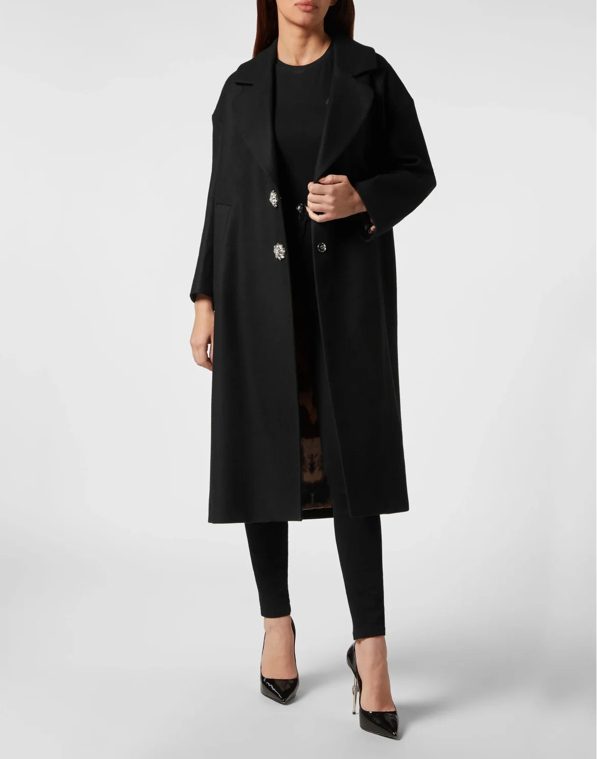 Oversized Wool  Long Coat Castoni Skull, цвет: Черный