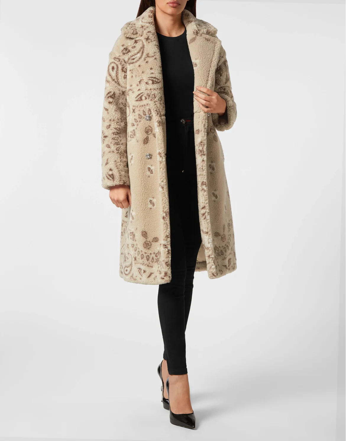 Eco Shearling Long Coat Paisley Bandana, цвет: Бежевый