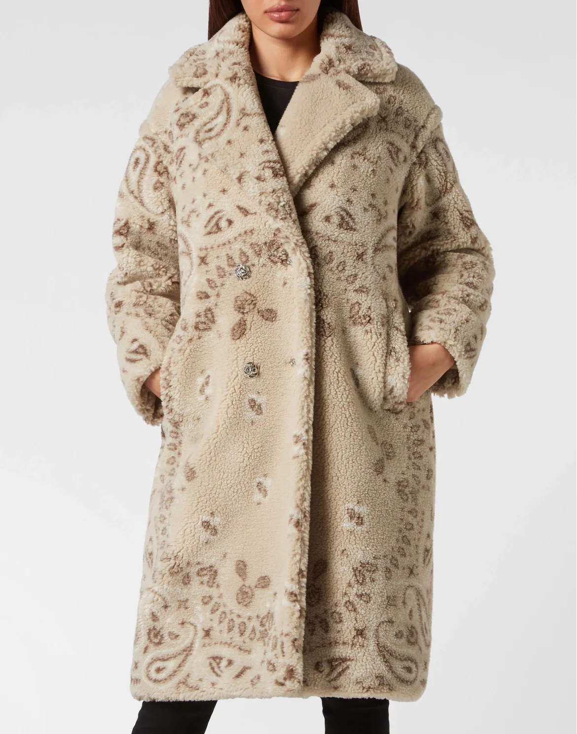 Eco Shearling Long Coat Paisley Bandana, цвет: Бежевый