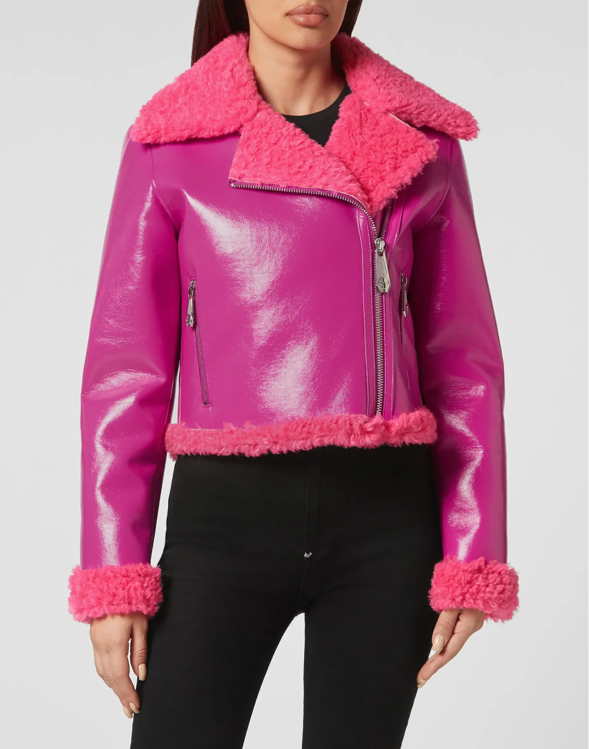 Eco Shearling Short Biker Jacket Skull&Bones, цвет: Розовый