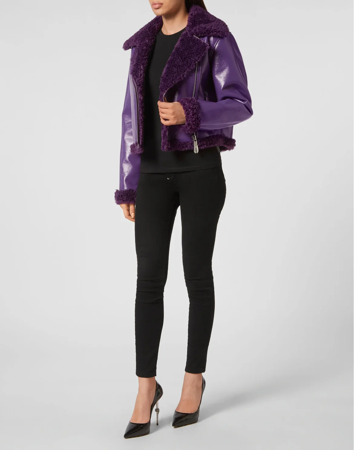 Eco Shearling Short Biker Jacket Skull&Bones, цвет: Фиолетовый