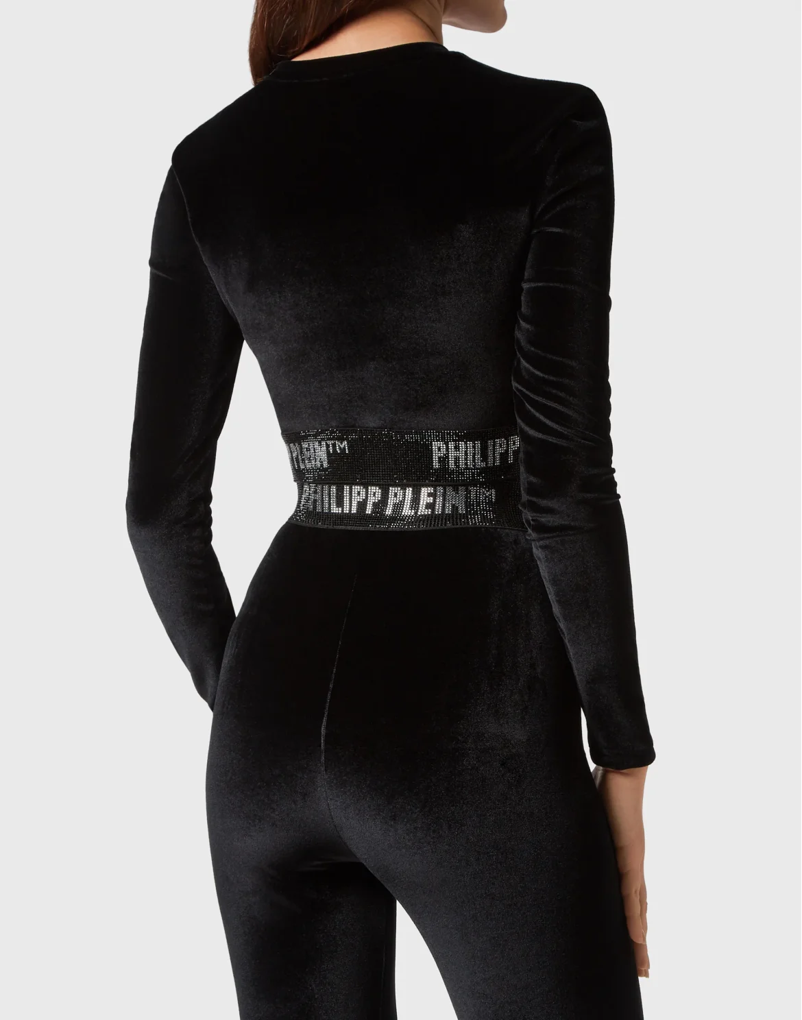 Long-sleeve Padded Shoulder Cropped Top Crystal, цвет: Черный