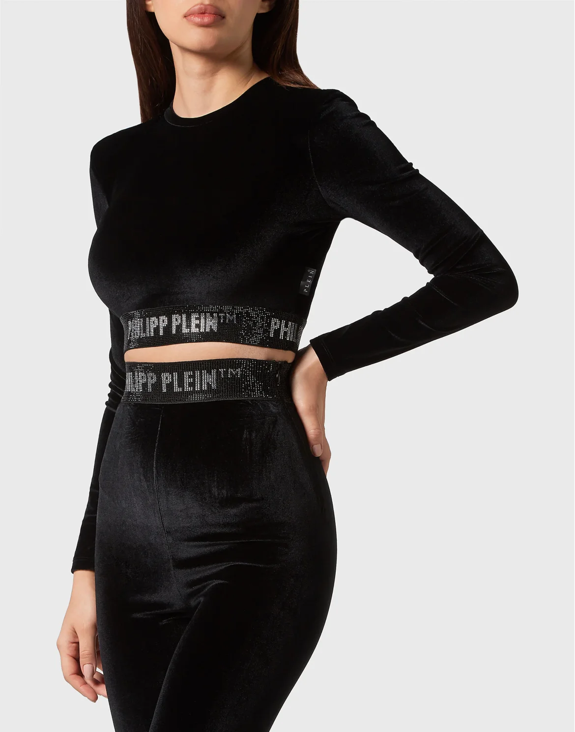 Long-sleeve Padded Shoulder Cropped Top Crystal, цвет: Черный