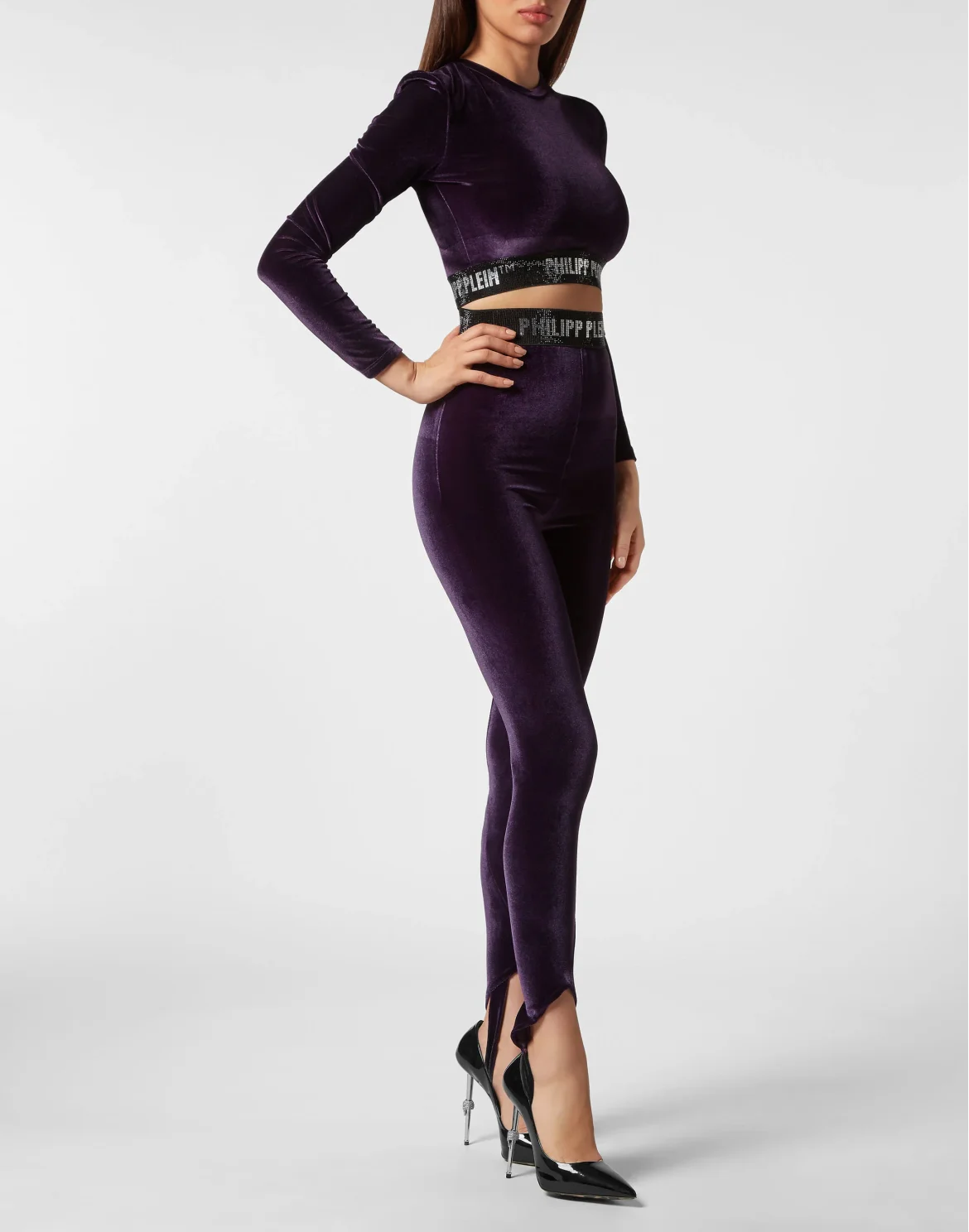 Long-sleeve Padded Shoulder Cropped Top Crystal, цвет: Фиолетовый