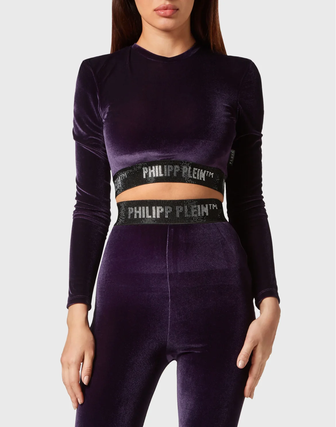 Long-sleeve Padded Shoulder Cropped Top Crystal, цвет: Фиолетовый