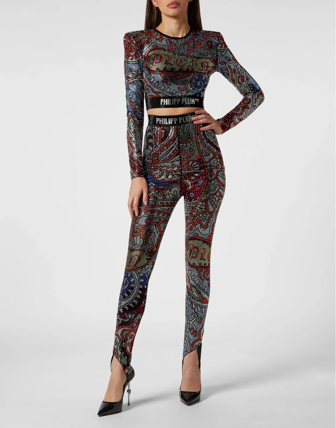 Long-sleeve Padded Shoulder Cropped Top Paisley, цвет: Мультиколор
