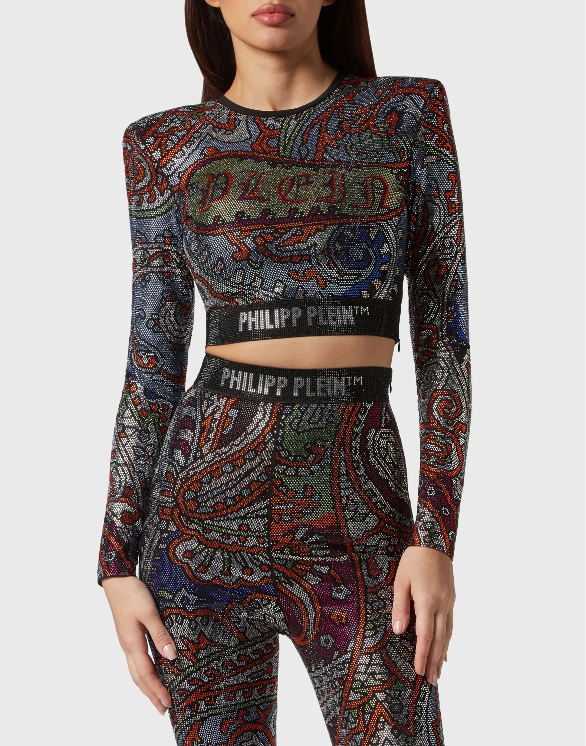 Long-sleeve Padded Shoulder Cropped Top Paisley, цвет: Мультиколор