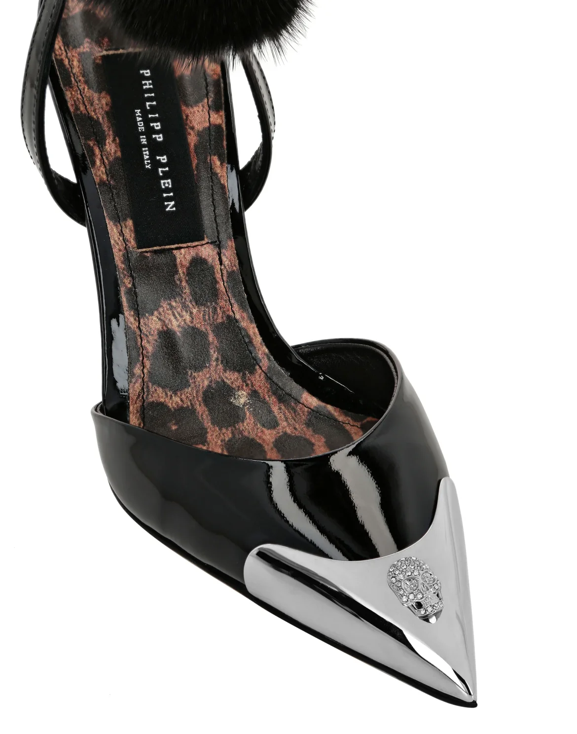 Patent Leather & Real Fur Decollete Mid-Heels Crystal Skull, цвет: Черный