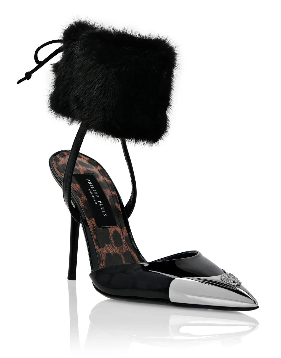 Patent Leather & Real Fur Decollete Mid-Heels Crystal Skull, цвет: Черный