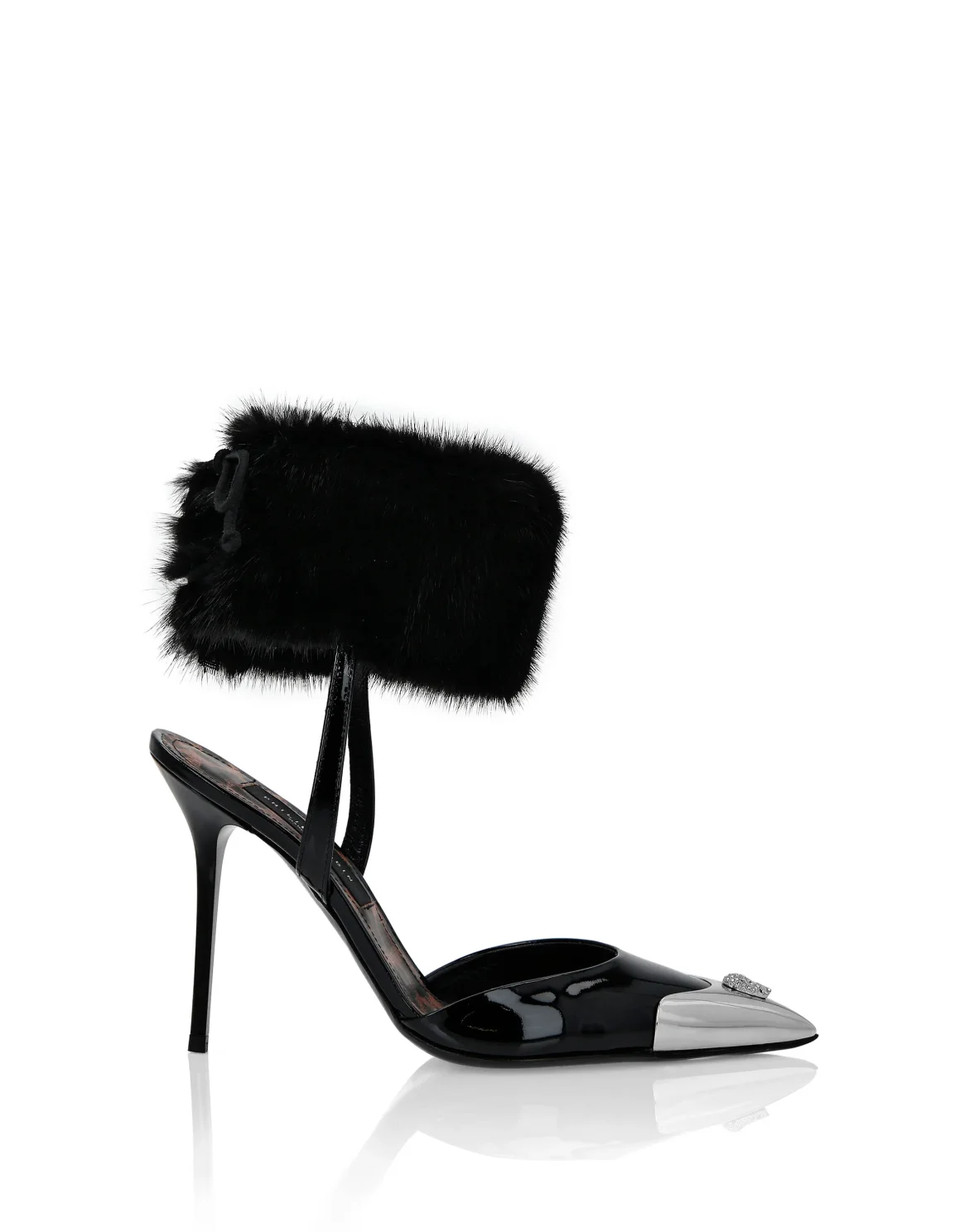 Patent Leather & Real Fur Decollete Mid-Heels Crystal Skull, цвет: Черный