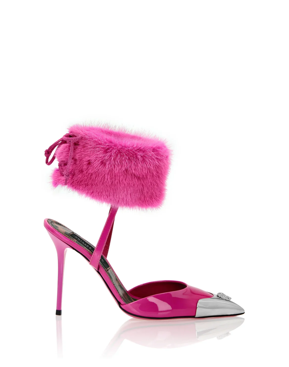 Patent Leather & Real Fur Decollete Mid-Heels Crystal Skull, цвет: Розовый