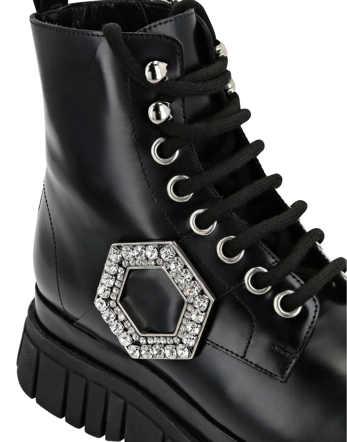 Shiny Leather Boots Mid Flat Crystal Hexagon, цвет: Черный