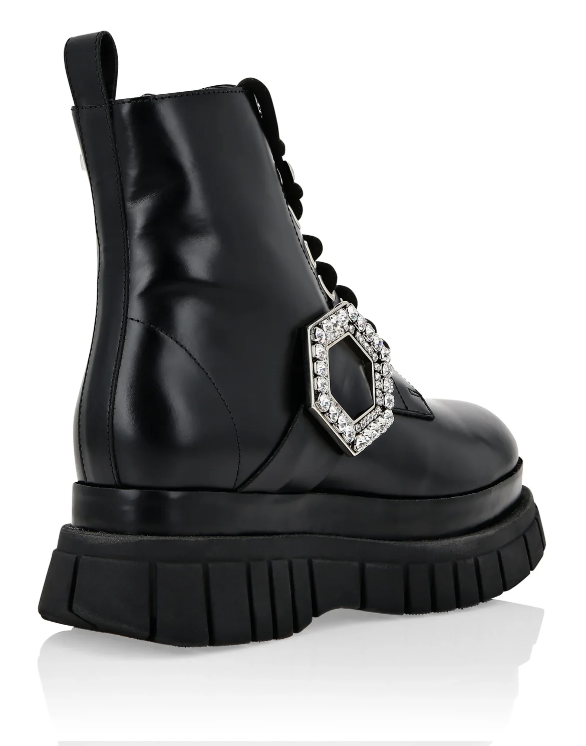 Shiny Leather Boots Mid Flat Crystal Hexagon, цвет: Черный