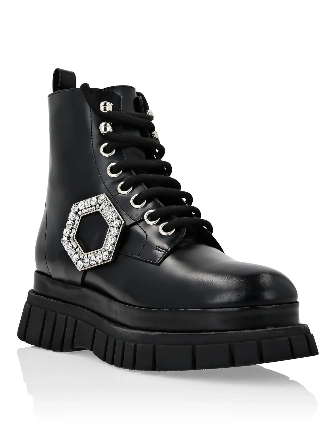 Shiny Leather Boots Mid Flat Crystal Hexagon, цвет: Черный
