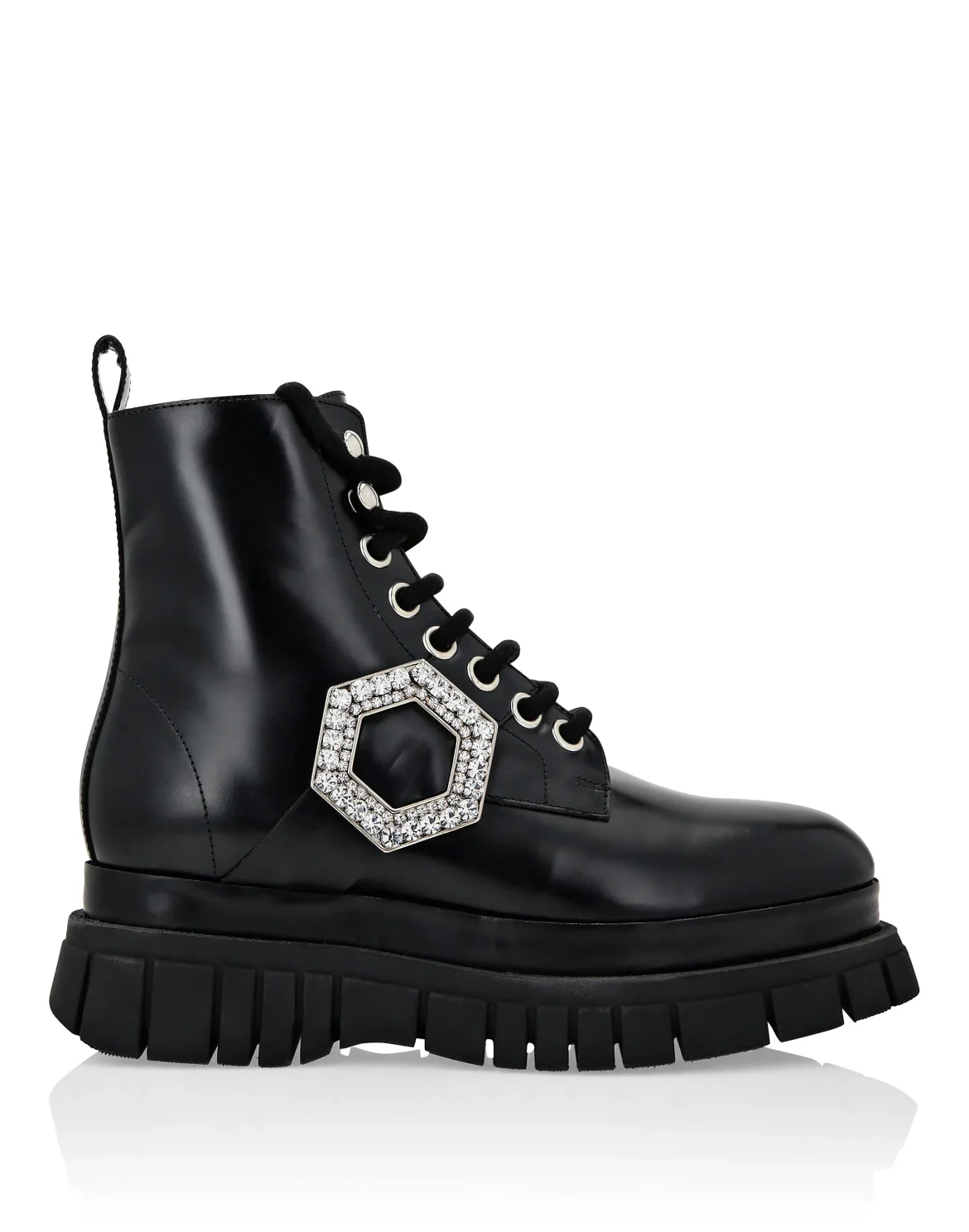 Shiny Leather Boots Mid Flat Crystal Hexagon, цвет: Черный