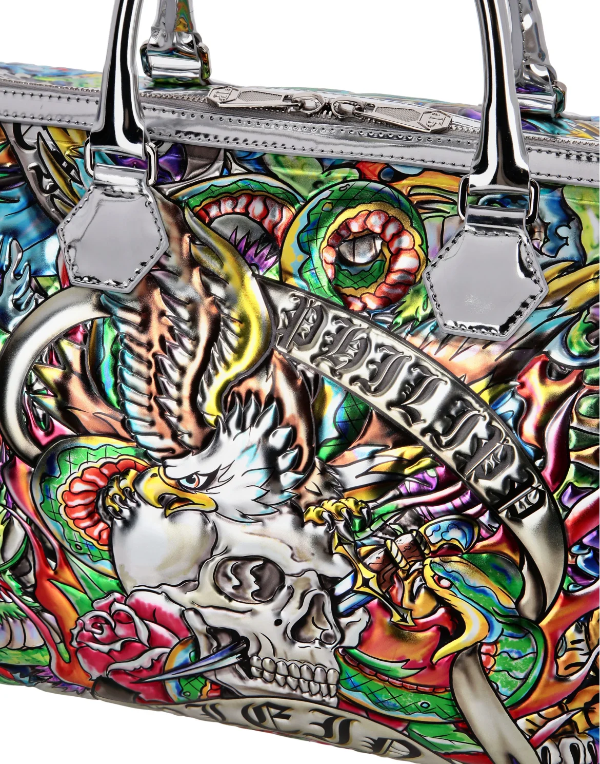 Mirror Leather Handle Bag Tattoo, цвет: Серебристый