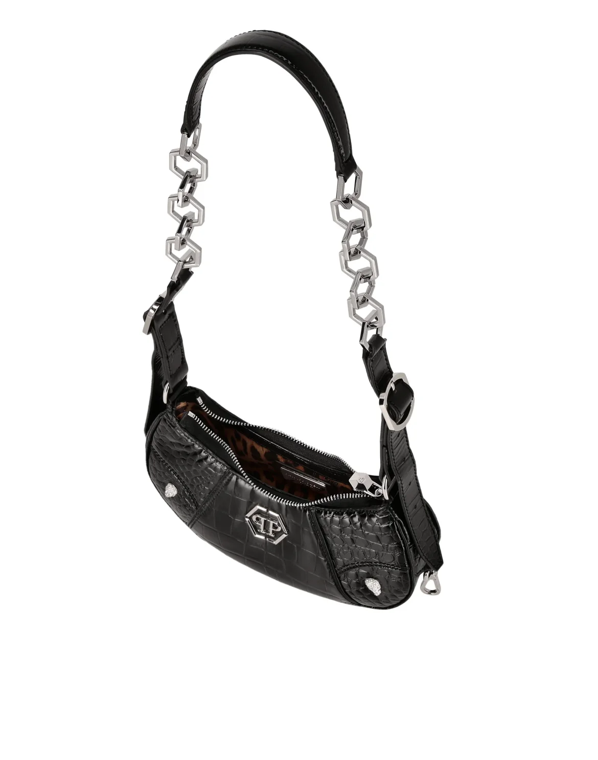 Croco Print Leather Shoulder Bag ECLIPSE, цвет: Черный