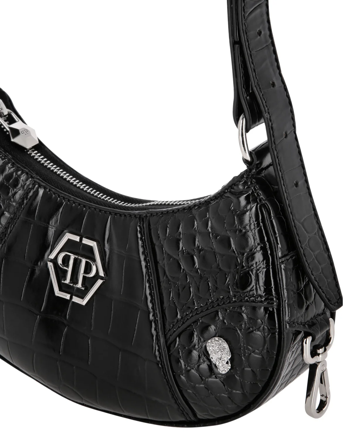 Croco Print Leather Shoulder Bag ECLIPSE, цвет: Черный
