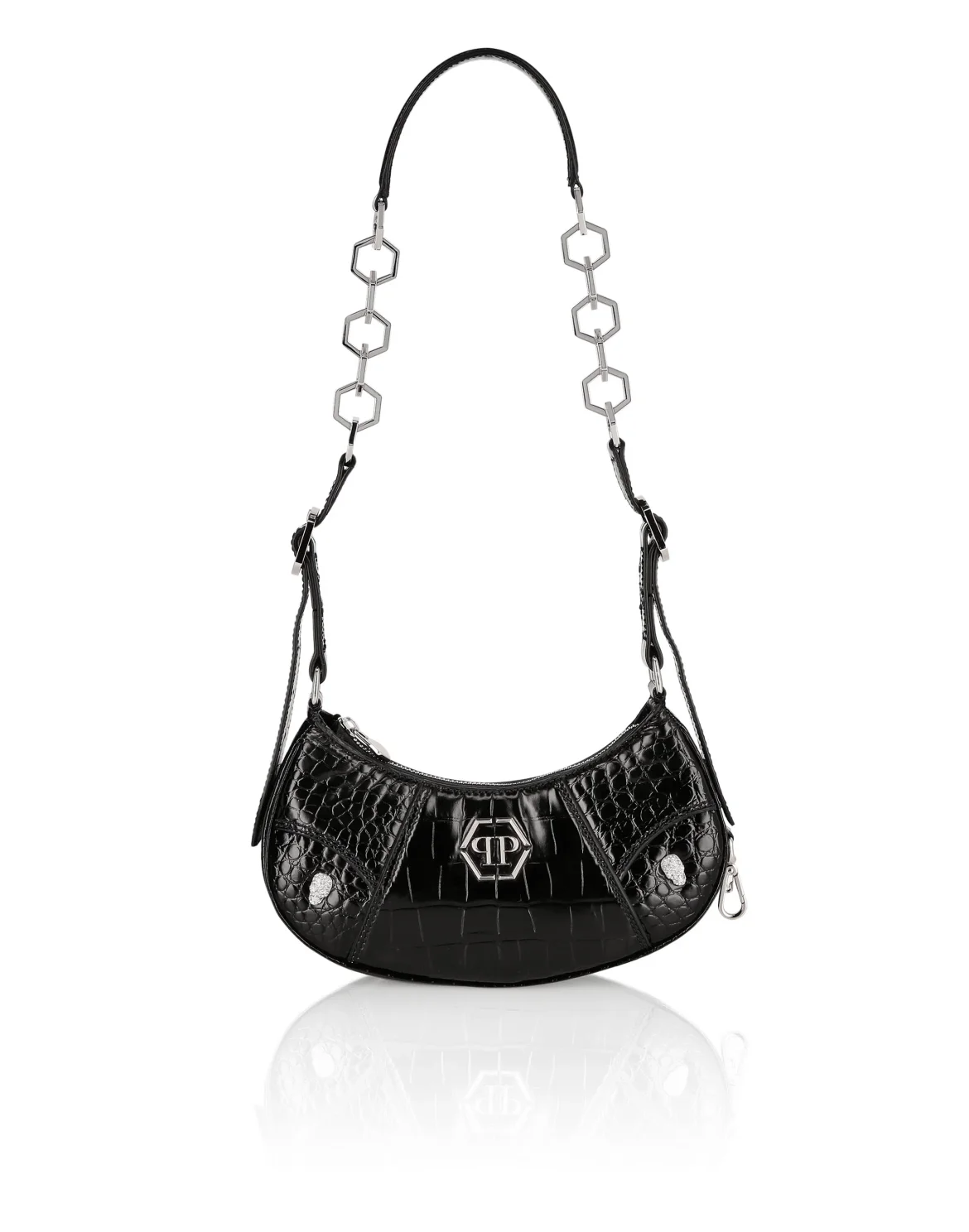 Croco Print Leather Shoulder Bag ECLIPSE, цвет: Черный