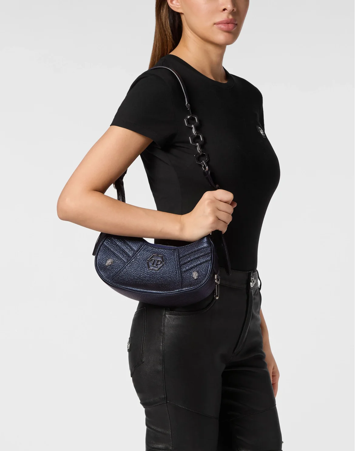 Deer Embossed Shimmer Leather Shoulder Bag, цвет: Синий