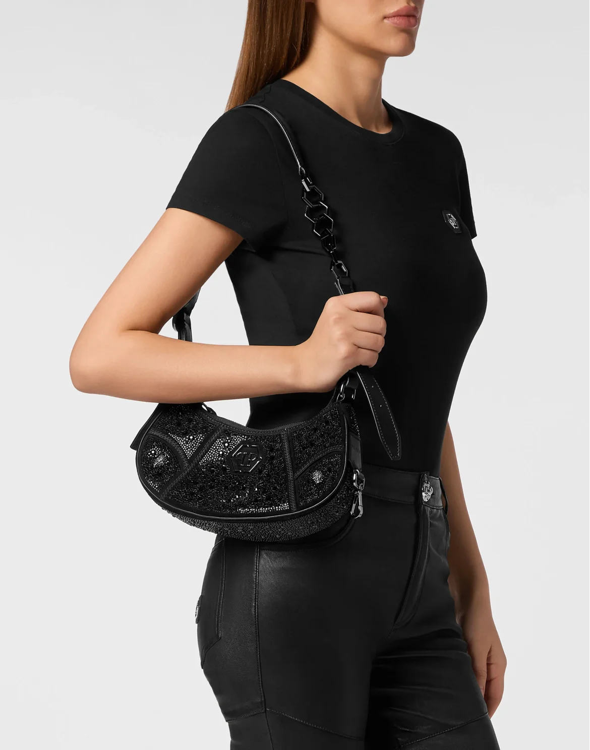Embellished Suede Shoulder Bag ECLIPSE, цвет: Черный
