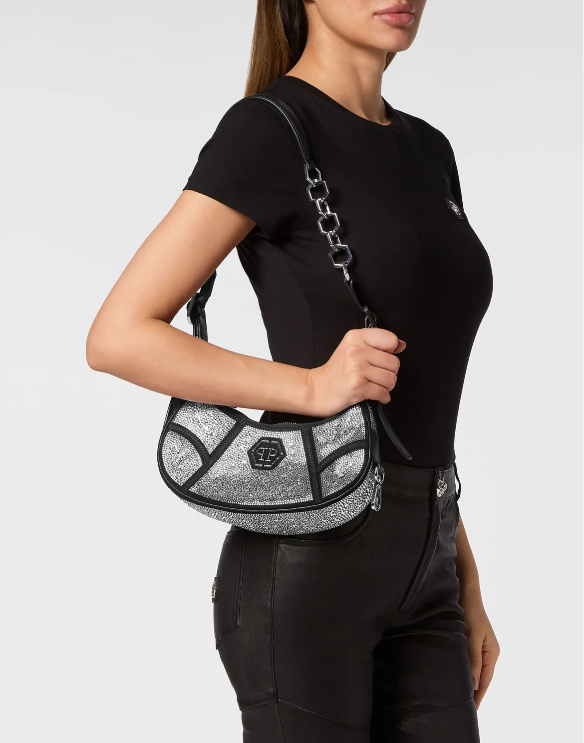 Embellished Suede Shoulder Bag ECLIPSE, цвет: Черный
