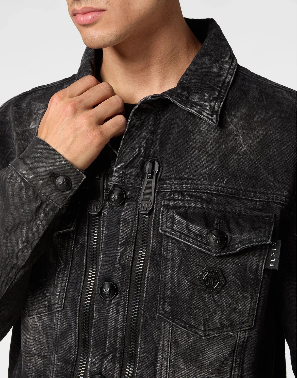 Zipped Denim Jacket Stones Skull, цвет: Черный