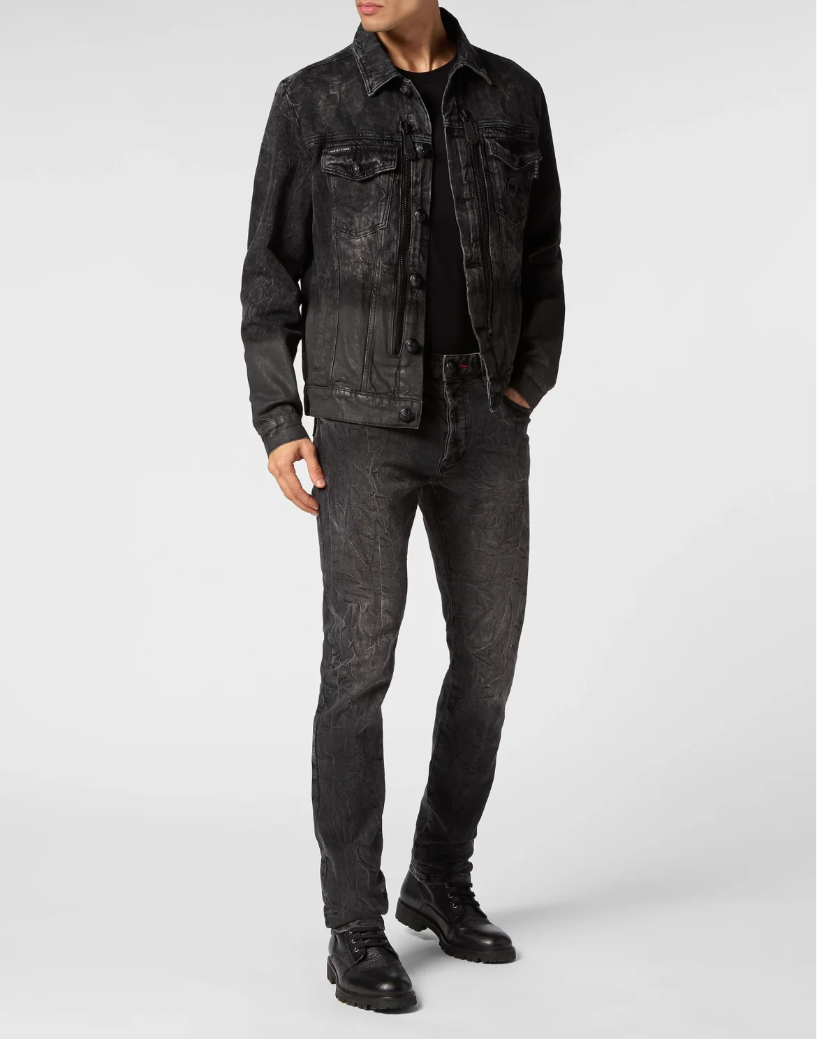 Zipped Denim Jacket Stones Skull, цвет: Черный