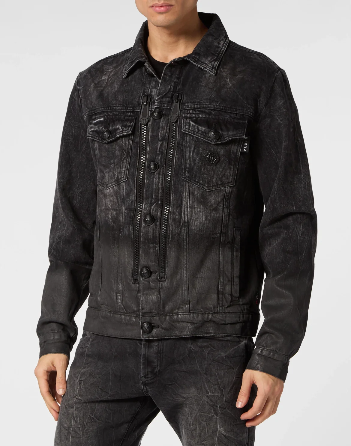 Zipped Denim Jacket Stones Skull, цвет: Черный